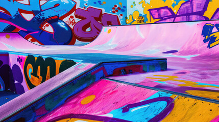 A skate park with graffiti on the walls and a pink ramp