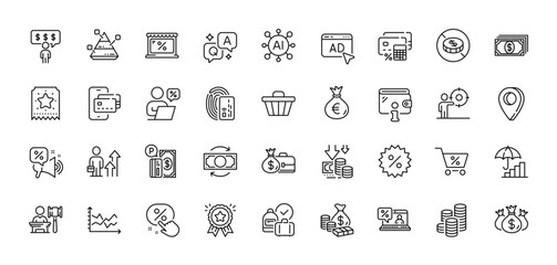 Money, Phone pay and Inflation line icons pack. AI, Question and Answer, Map pin icons. Money bag, Loyalty ticket, Check investment web icon. Coins, Wallet, Card pictogram. Vector
