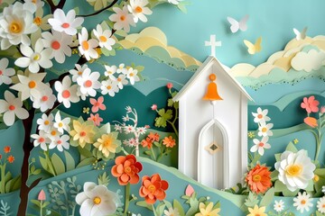 A papercut church bell hangs suspended, delicately crafted from white paper, its cheerful clanging echoing across the Easter landscape, a call to celebrate springs arrival