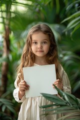 A cute little girl is holding a blank white paper. Green jungle and greenery in the background