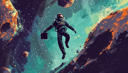 A businessman in a spacesuit leaps across the gap between two asteroids, a briefcase clutched in his teeth, his daring maneuver securing a vital partnership with a reclusive alien race - obrazy, fototapety, plakaty