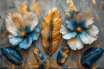 3 panel wall art, marble background with golden and silver feather designs, Teal Flower Plants