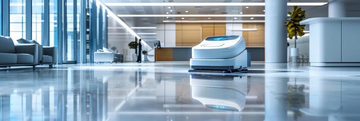 A cleaning robot glides through a corporate office, its sensors and tools emitting a soft, hightech glow as it maintains pristine conditions