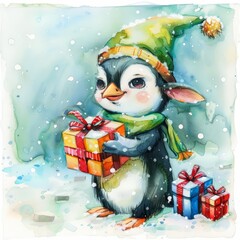A clever penguin in a petite elf suit distributing gifts, kawaii, bright water color