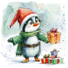 A clever penguin in a petite elf suit distributing gifts, kawaii, bright water color