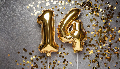 Banner with number 14 golden balloon. 14 years anniversary celebration. Silver glitter background.
