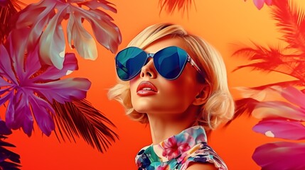 pop art collage of a blonde model girl with peculiar sunglasses on a palm tree summer vibe background, colorful abstract theme concept.