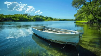 Obraz premium A fishing boat is securely anchored on the tranquil river on a sunny day