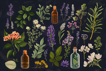 Illustration of stylized bottles of aromatherapy essential on black background with various plants and flowers