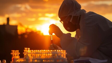 With the sun setting in the background the forensic scientist crouches over a test tube carefully mixing chemicals as they yze a sample. Their precision and attention to detail are . - obrazy, fototapety, plakaty