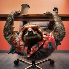 Fototapeta premium A laidback sloth, sporting a Hawaiian shirt and sunglasses, hangs upside down from a conference table, sipping on a miniature cup of coffee, his slow and steady approach proving hes always on company