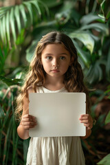 A cute little girl is holding a blank white paper. Green jungle and greenery in the background