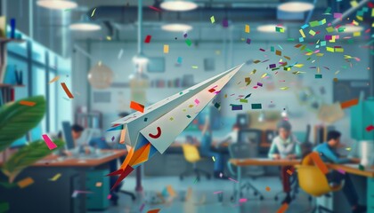 A mischievous paper airplane, its wings painted with a friendly smile, zooms through a bustling office, leaving a trail of confetti in its wake Its a reminder to inject some fun into the papercut busi