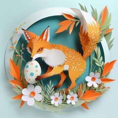 Fototapeta premium A mischievous papercut fox, its eyes sparkling with delight, tiptoes away with a papercut egg clutched in its mouth, a playful Easter prankster on the loose