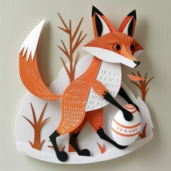 Fototapeta premium A mischievous papercut fox, its eyes sparkling with delight, tiptoes away with a papercut egg clutched in its mouth, a playful Easter prankster on the loose