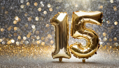 Banner with number 15 golden balloon. 15 years anniversary celebration. Silver glitter background.