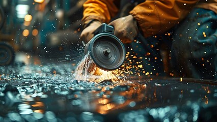 Metalworker in factory uses grinder to shape metal with water glistening nearby. Concept Metalwork, Factory, Grinder, Shaping Metal, Water Glistening - obrazy, fototapety, plakaty
