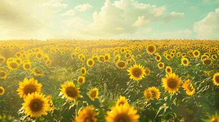 Obraz premium A field of yellow sunflowers with a bright blue sky in the background