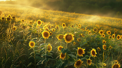 Fototapeta premium A field of sunflowers is in full bloom, with the sun shining brightly on them