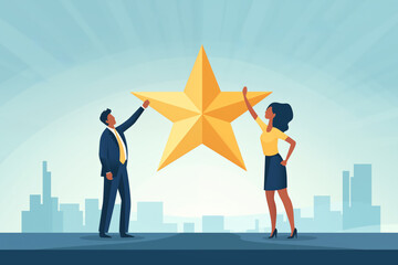 Business graphic vector modern style illustration of business people with a star representing great service glowing five star review reference resume service or product reaching for the stars