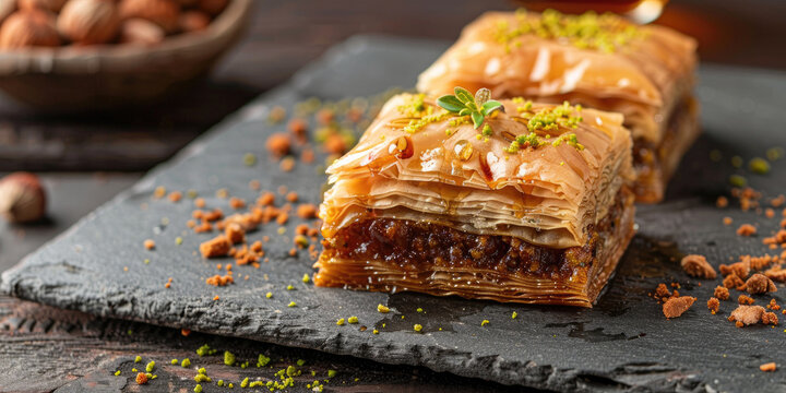 Turkish baklava on a slate plate, Layers of flaky pastry filled with chopped nuts and sweetened with honey syrup.