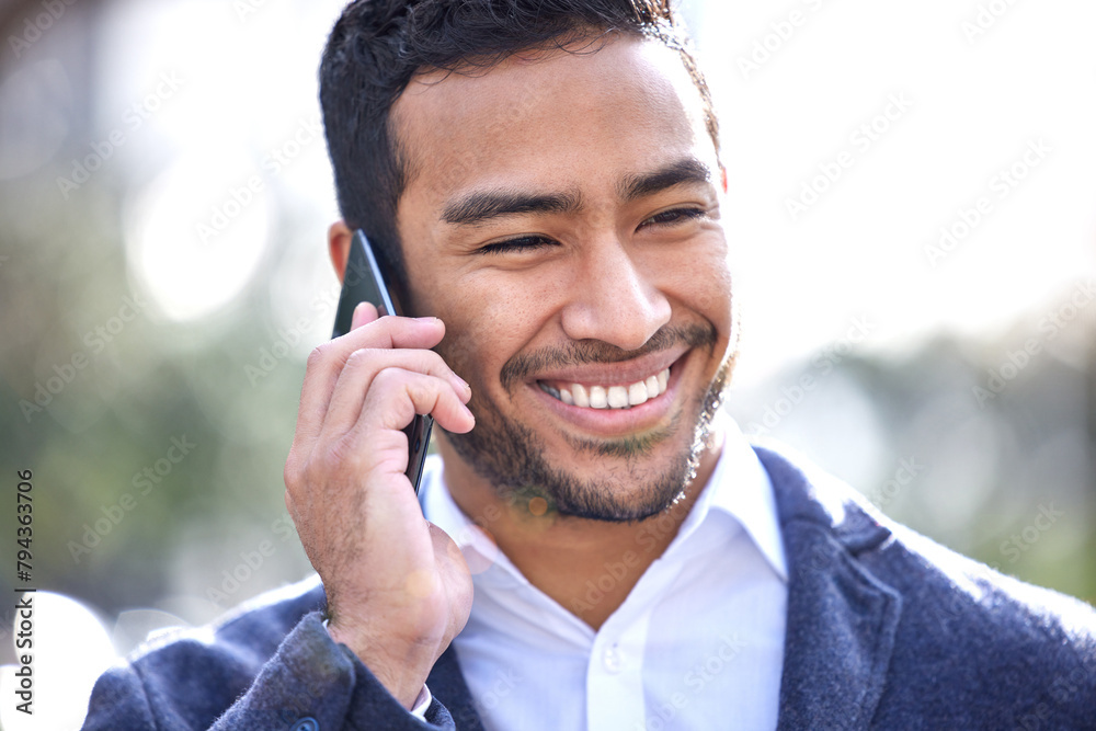 Poster phone call, businessman and conversation on cellphone, city and communication and networking. digita