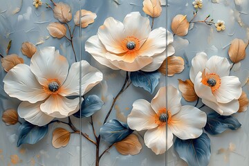 3 panel wall art, marble background flowers designs,