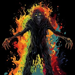 Abstract and Colorful Illustration of a Ghoul on a Black Background