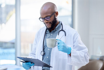 Black man, doctor and clipboard for healthcare in hospital, medical paper and patient results. Male...