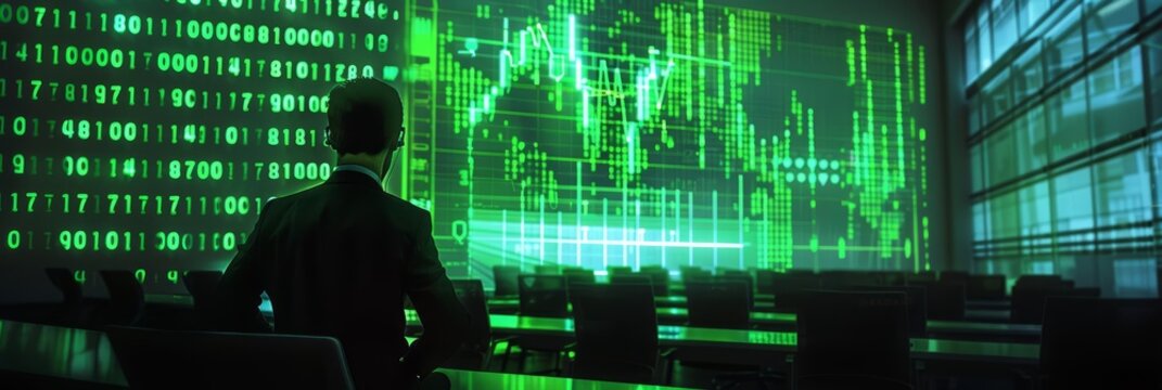 In a dimly lit conference room, a businessman projects a holographic stock market ticker that pulsates with neon green numbers, each beat a rapid heartbeat of financial growth
