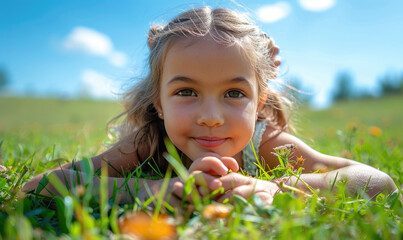 A little girl laying on the grass and inspecting insects on the ground