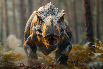 A fearsome Carnotaurus, with its bull-like horns and powerful legs, ambushing prey in dense...