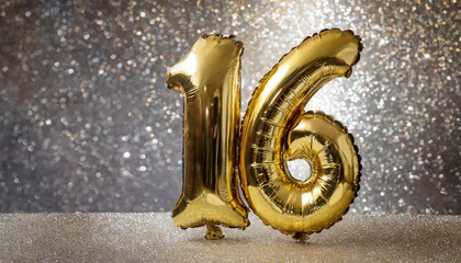 Banner with number 16 golden balloon. 16 years anniversary celebration. Silver glitter background.