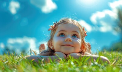 A little girl laying on the grass and inspecting insects on the ground