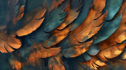 Detailed and artistic close-up of enigmatic feathered texture with earthy tones and warm colors, inspired by nature, perfect for high-resolution wallpapers and fashion designs