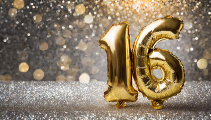 Banner with number 16 golden balloon. 16 years anniversary celebration. Silver glitter background.