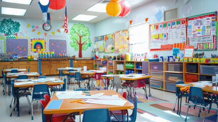 A classroom with a tree mural on the wall