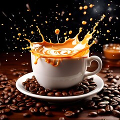 Rare Camera Shot Captivating Cappuccino Stunning Splash of Coffee with Beans, 8K Ultra HD Quality, Cup of coffee with beans, 