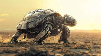 Amidst a wasteland, a cybernetic turtle moves slowly but is fortified with a hightech shell that protects against environmental hazards - obrazy, fototapety, plakaty