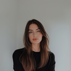 Fototapeta premium European woman in black clothes on a gray background. Authentic image of an attractive woman.