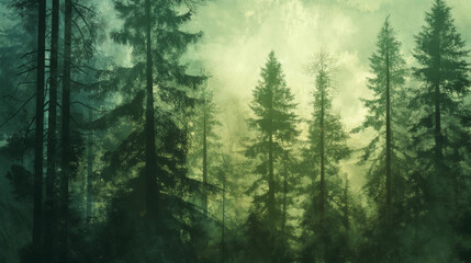 Artistic illustration of a misty, textured forest background creating a serene and mysterious...