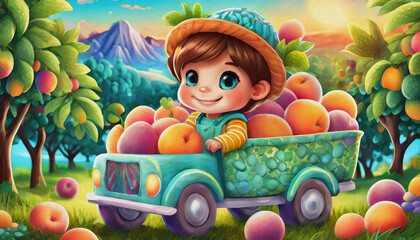 Obraz premium OIL PAINTING STYLE CARTOON CHARACTER CUTE BABY boy a Cargo truck carrying peach fruit in an orchard with sunset,