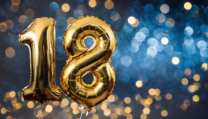 Banner with number 18 golden balloon. 18 years anniversary celebration. Blue glitter bokeh