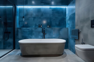 Fototapeta premium Contemporary modern bathroom interior in light blue colors, concrete and marble elements.
