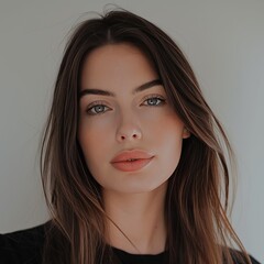 Fototapeta premium European woman in black clothes on a gray background. Authentic image of an attractive woman.