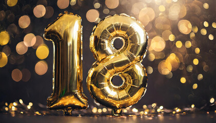 Banner with number 18 golden balloon. 18 years anniversary celebration. Dark glitter bokeh