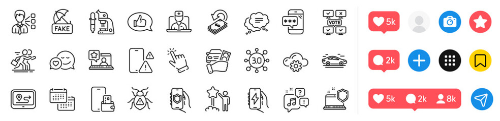 Feedback, Online rating and Phone warning line icons pack. Social media icons. Rent car, Software bug, Car web icon. Gps, Star, Text message pictogram. Third party, Cursor, Charging app. Web3. Vector