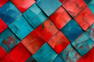 Bold and textured abstract background with an alternating pattern of red and blue squares