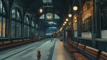 A train station with a clock on the wall and a bench in the middle of the room