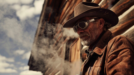 A cowboy with a leather jacket and goggles fixes a steam pipe on the side of the ranch house the soft hissing of steam adding to the eerie atmosphere. .